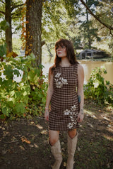 COUNTRYSIDE EMBROIDERED PLAID FITTED MINI DRESS