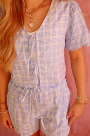 V-Neck Lace-Up Puff Sleeve Top Shorts Plaid Set