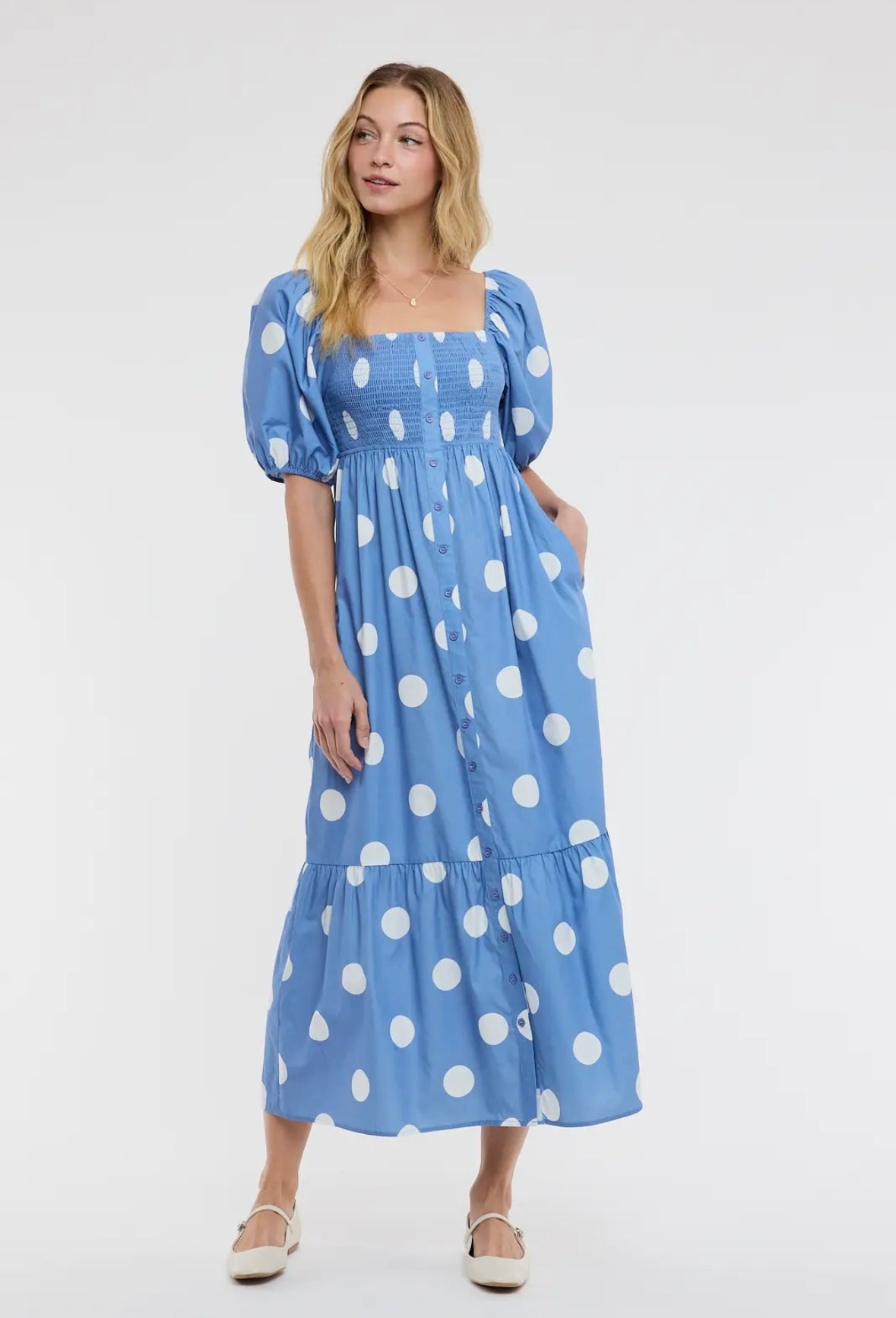 POLKA DOT PUFF SLEEVE MAXI DRESS