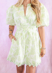 Botanical Garden Scallop Lace Puff Mini Dress