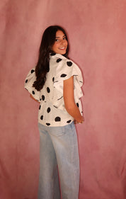 Ruffle Sleeves Pintuck Detail Polka Dot Print top