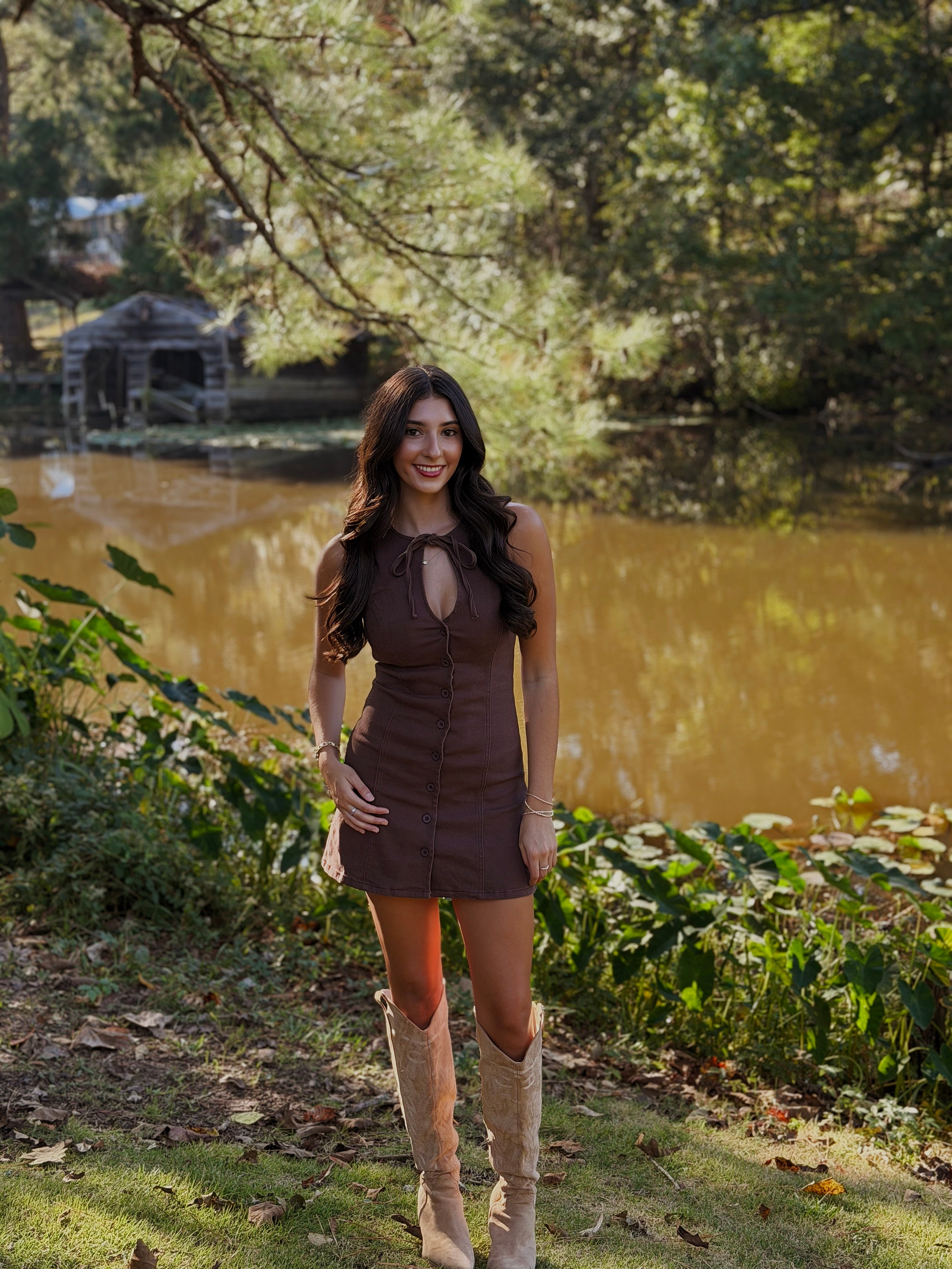 BOW DETAIL SLEEVELESS BUTTON DOWN DRESS