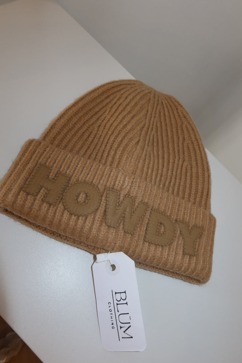 Cozy Howdy Beanie with embroidered text, ideal for cold weather.