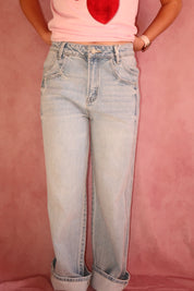 SUPER HIGH RISE LIGHT WASH CUFFED BAGGY WIDE JEANS