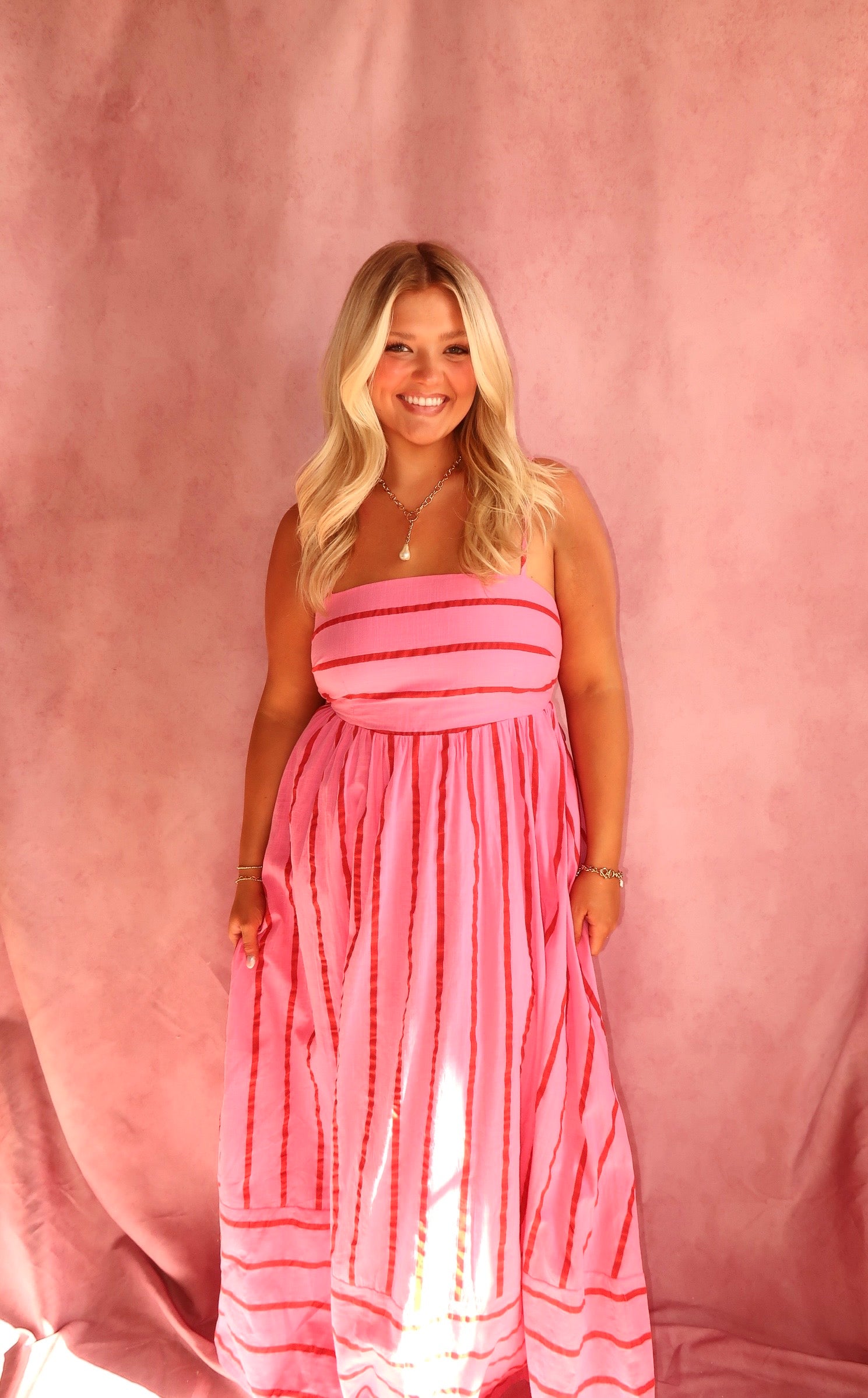 Woven Cotton Striped Square Flare Midi Dress