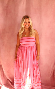 Woven Cotton Striped Square Flare Midi Dress