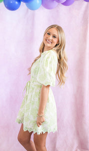 Botanical Garden Scallop Lace Puff Mini Dress