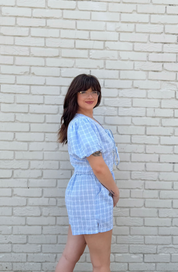 V-Neck Lace-Up Puff Sleeve Top Shorts Plaid Set