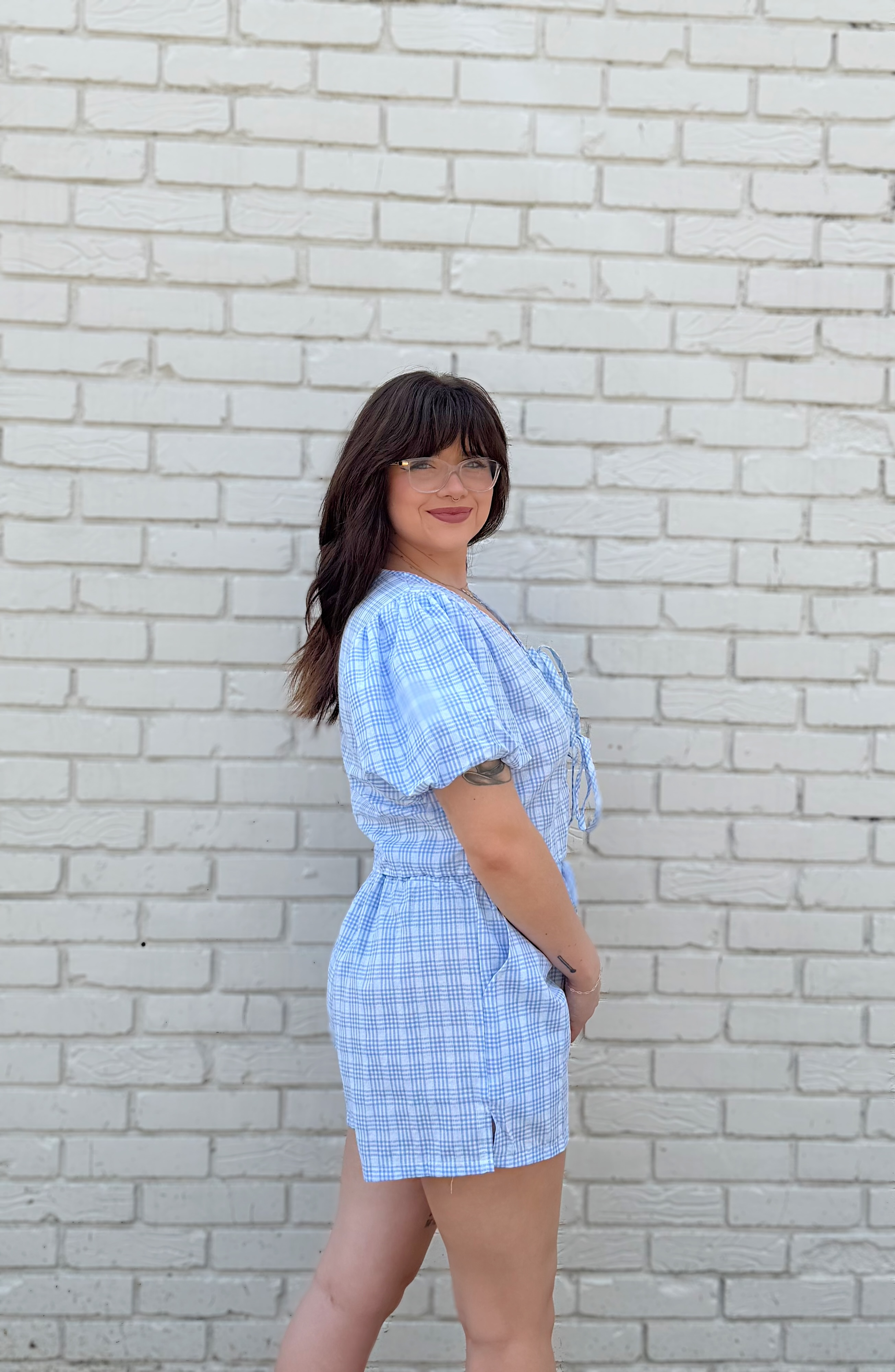 V-Neck Lace-Up Puff Sleeve Top Shorts Plaid Set