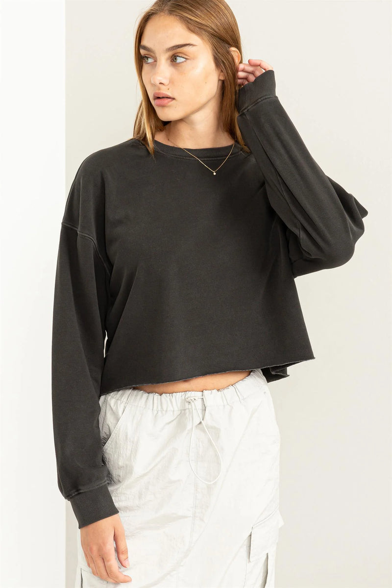 Cropped Rolled Hem Sweatshirt - Dark Grey