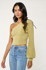ONE SHOULDER FUZZY SWEATER CROP TOP - LIGHT SAGE