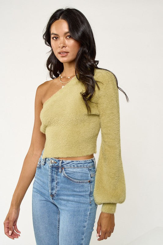 ONE SHOULDER FUZZY SWEATER CROP TOP - LIGHT SAGE