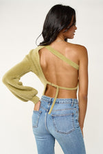 ONE SHOULDER FUZZY SWEATER CROP TOP - LIGHT SAGE
