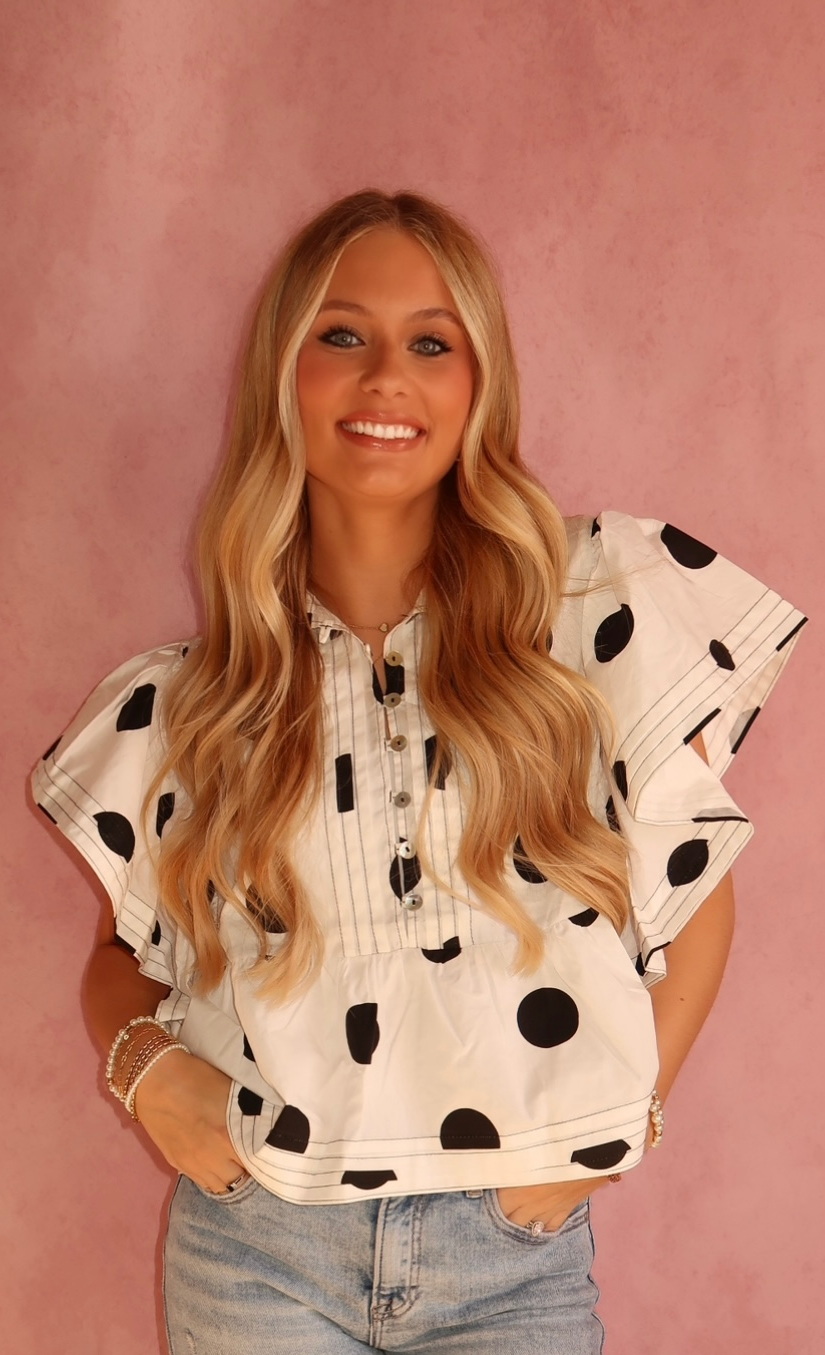 Ruffle Sleeves Pintuck Detail Polka Dot Print top