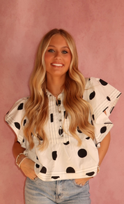Ruffle Sleeves Pintuck Detail Polka Dot Print top