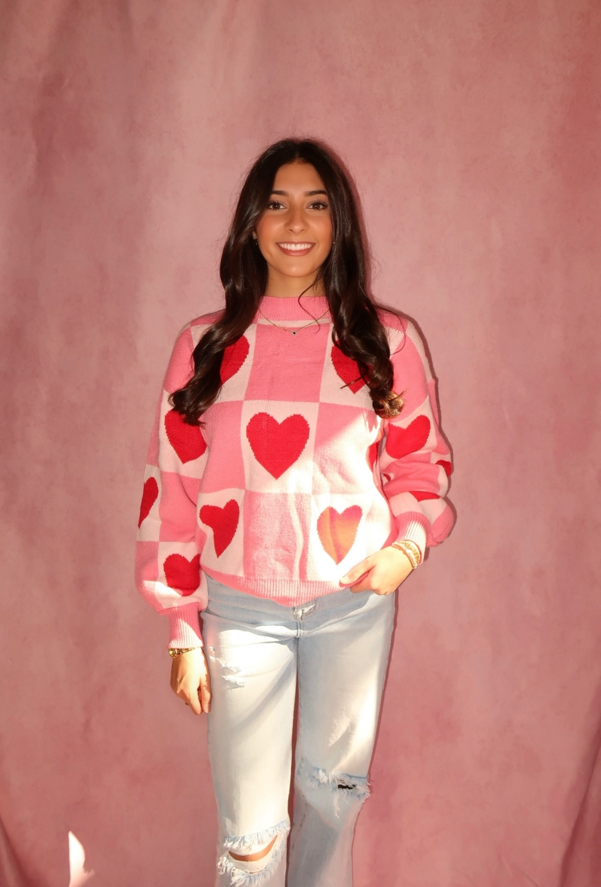 Pink Love Heart Checkered Valentine Crew Neck Sweater