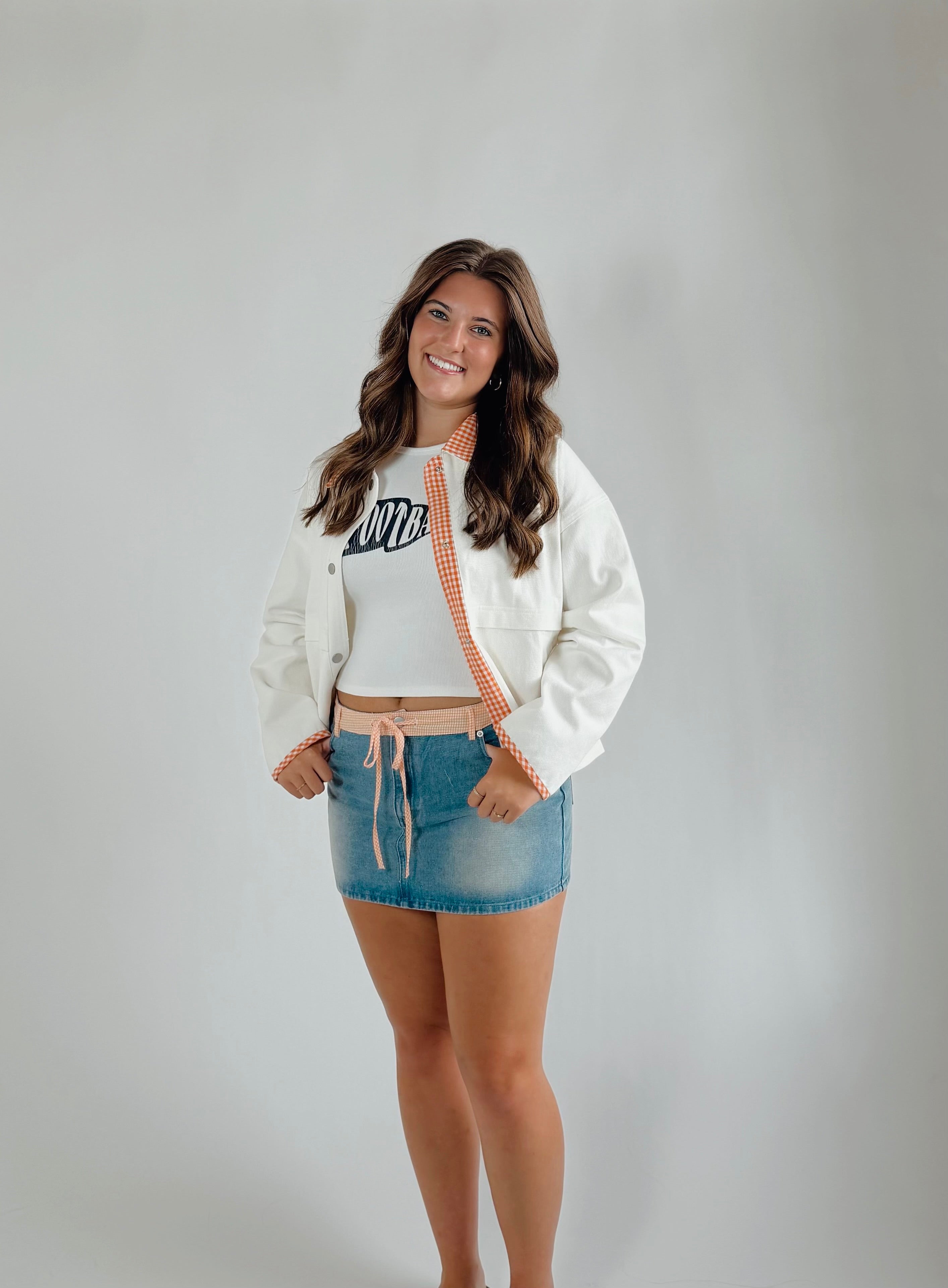 JACKET WITH GINGHAM CONTRAST: WHITE-ORANGE / M