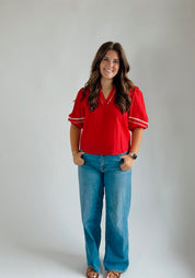 Contrast Trim Puff Sleeve Linen Blouse
