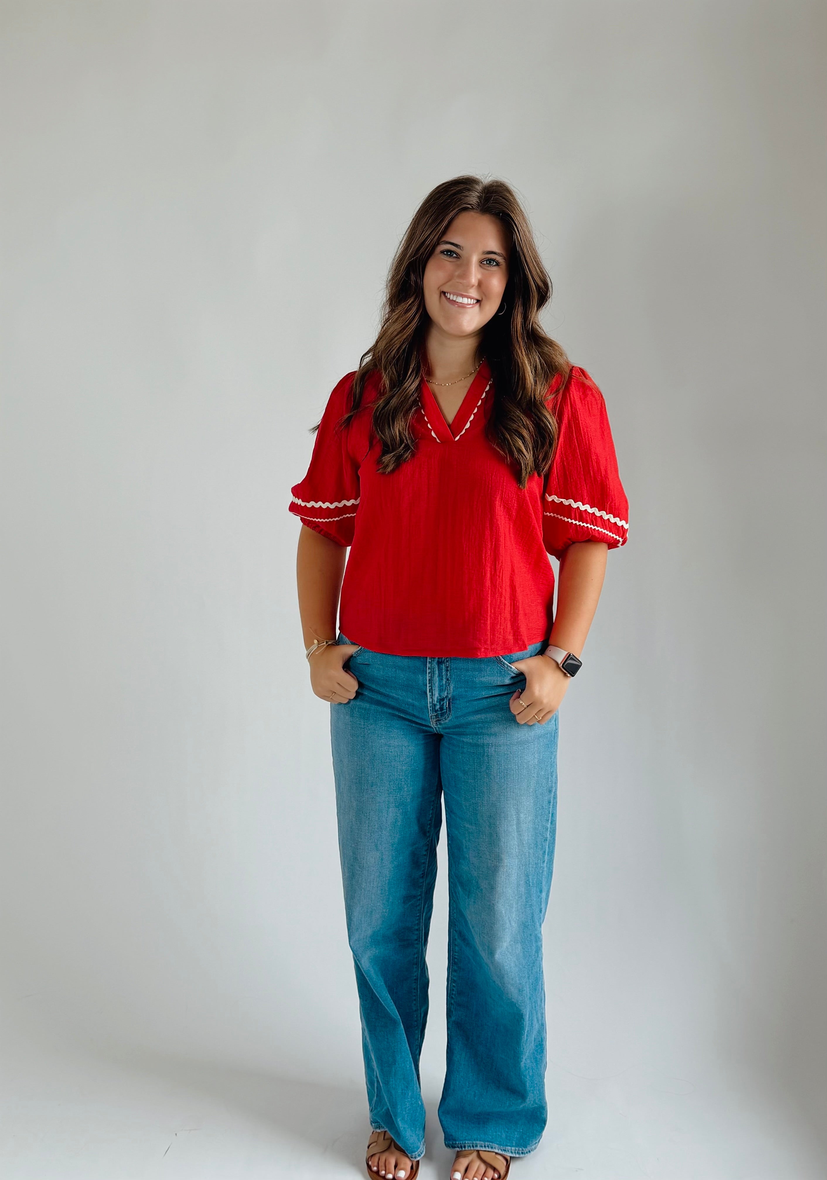 Contrast Trim Puff Sleeve Linen Blouse