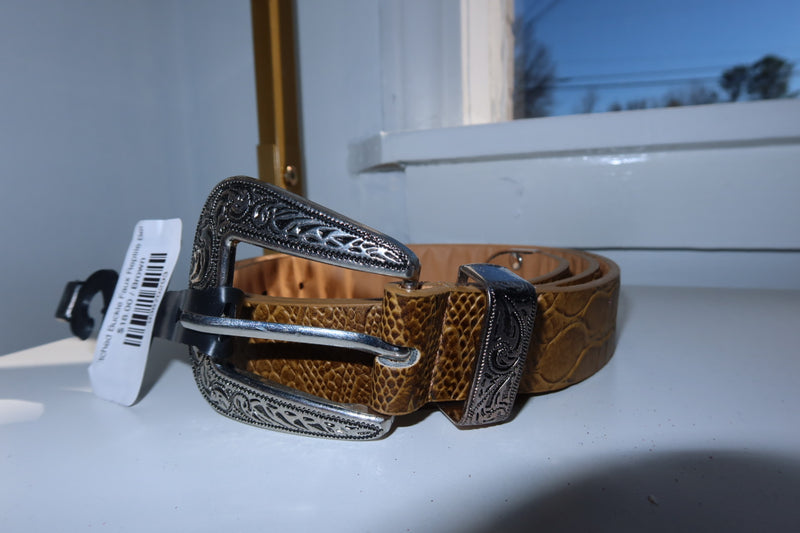 Etched Buckle Faux Reptile Belt