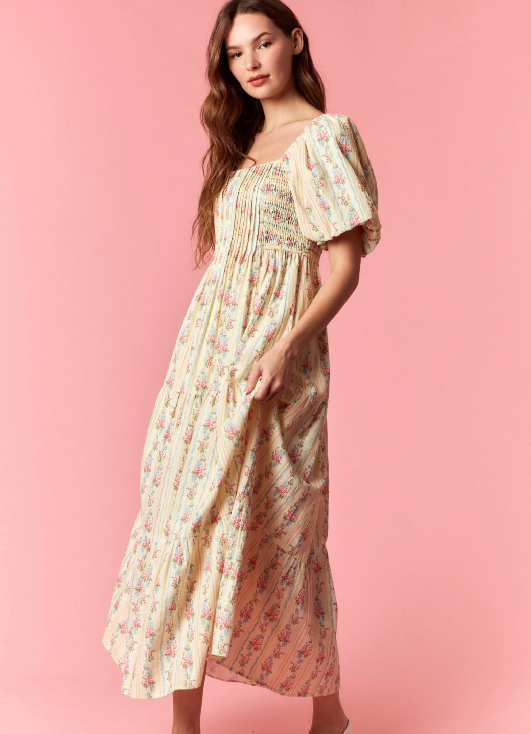Floral Stripe Mixed Bubble Dress