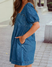 Denim Button Down Square Neck ShortPuff Sleeve Mini Dress