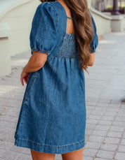 Denim Button Down Square Neck ShortPuff Sleeve Mini Dress