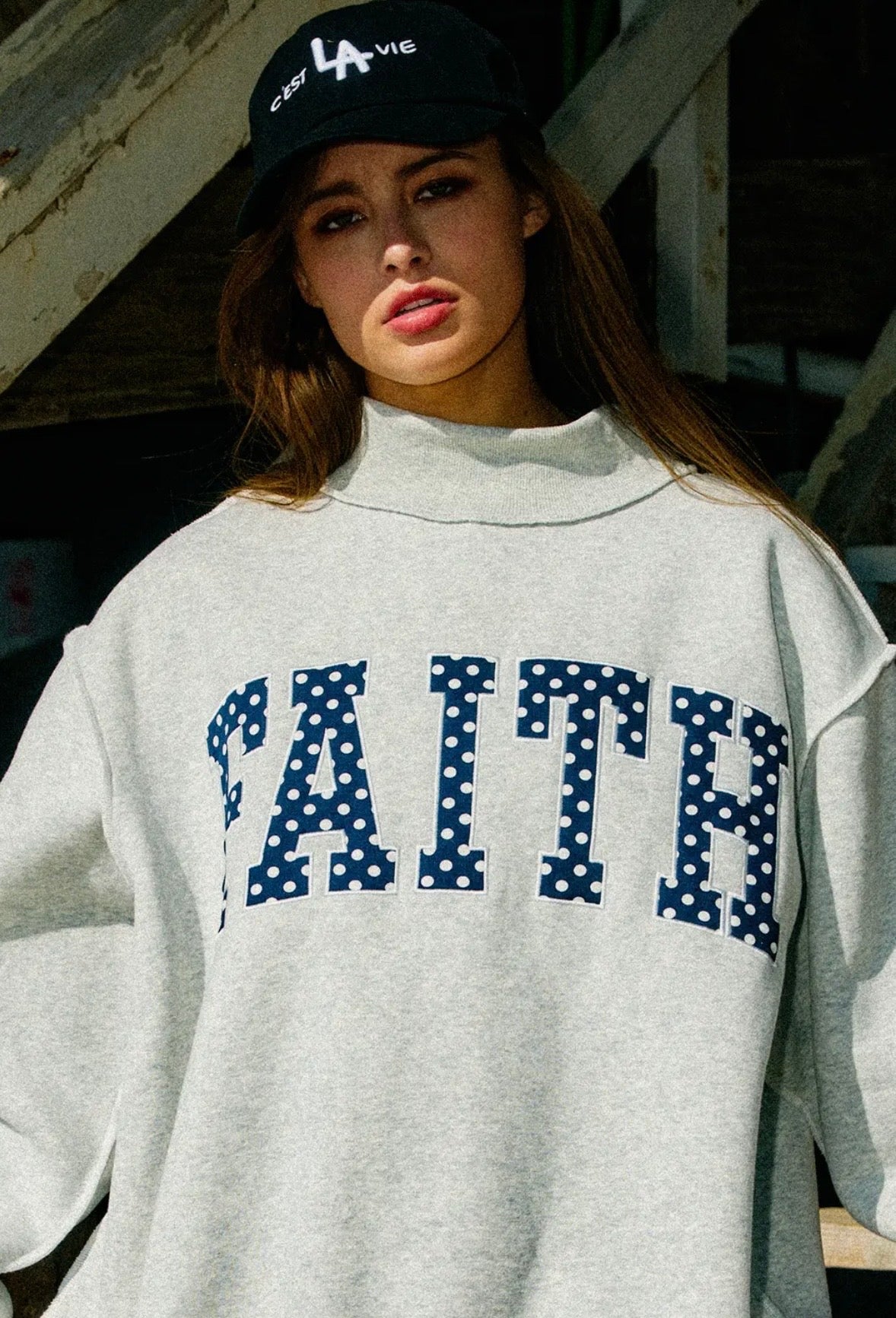 FAITH- Embroidered Polka-Dot Mock Neck Sweatshirt