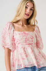 Floral Print Pleat Detail Puff Sleeve Babydoll Top