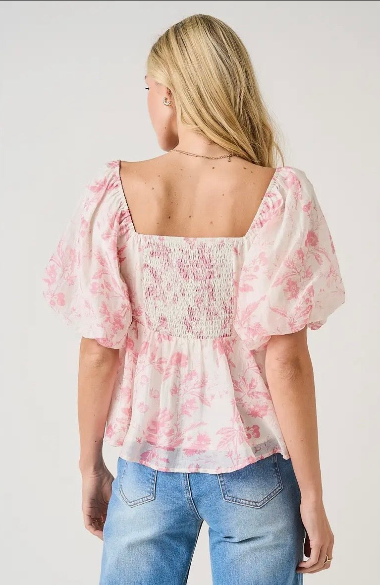 Floral Print Pleat Detail Puff Sleeve Babydoll Top