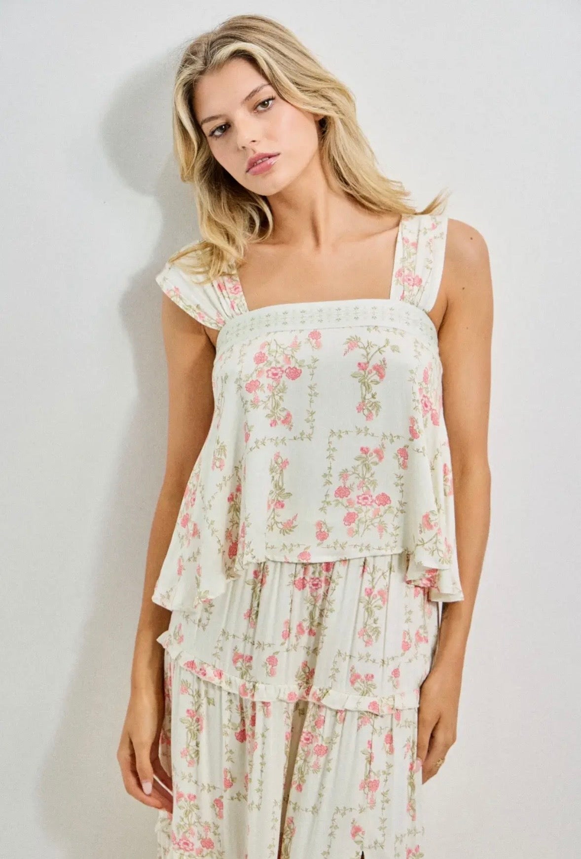 Floral Print Ruffle Strap Flowing Top
