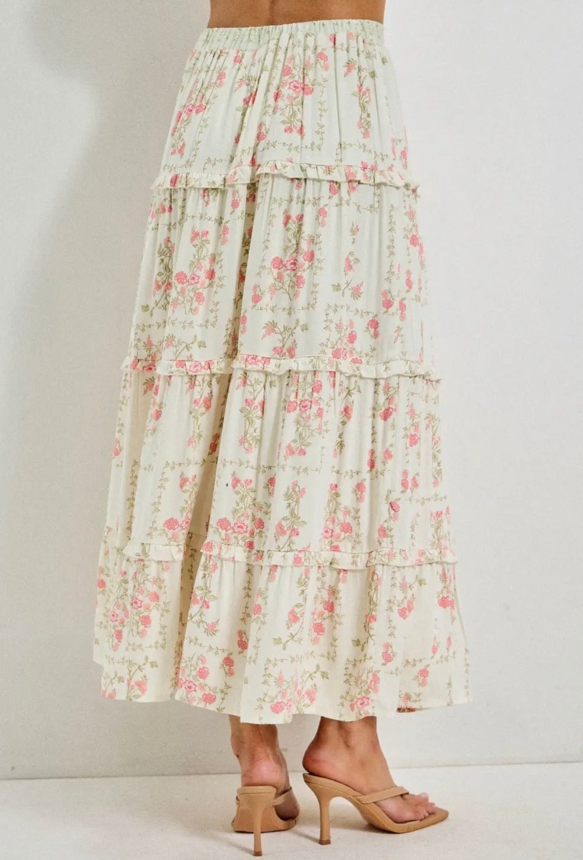 Romantic Floral Ruffle Tiered Maxi Skirt
