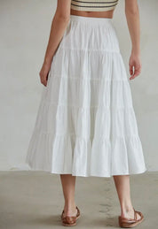 Woven Cotton Flare Ruffled Midi Skirt