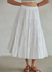 Woven Cotton Flare Ruffled Midi Skirt
