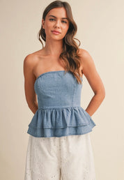Denim Tiered Peplum Top With tie Back