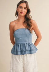 Denim Tiered Peplum Top With tie Back