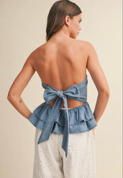 Denim Tiered Peplum Top With tie Back