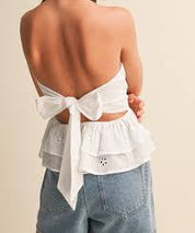Eyelet Tiered Peplum Back Tie Top