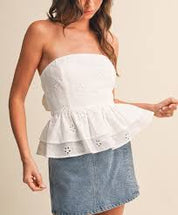 Eyelet Tiered Peplum Back Tie Top