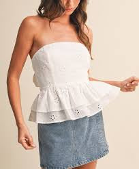 Eyelet Tiered Peplum Back Tie Top