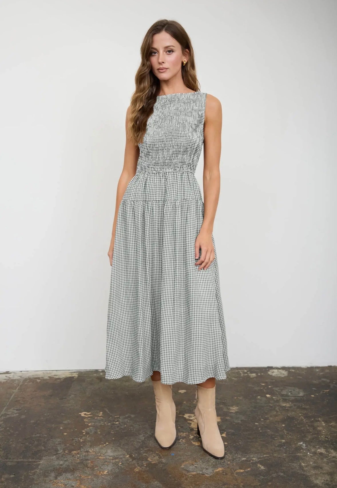 Smocked Gingham Midi Dress