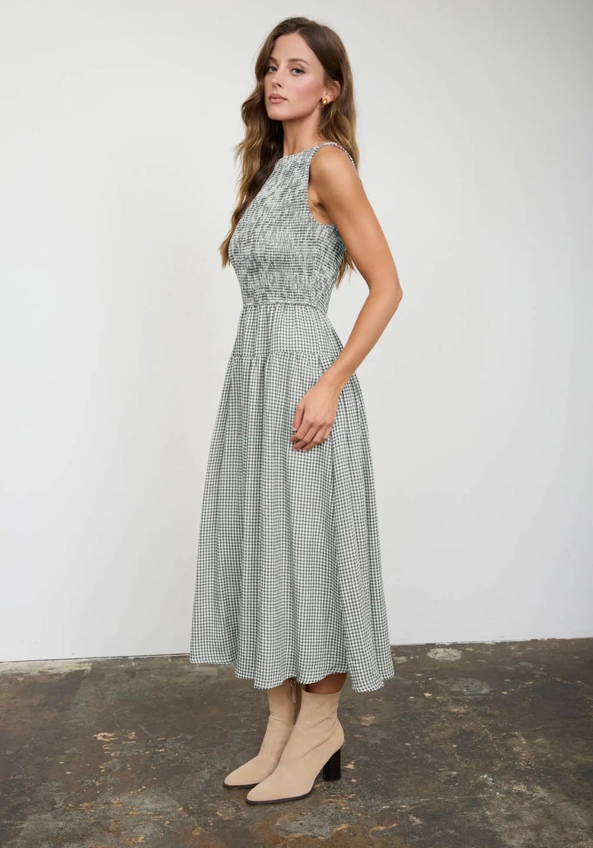 Smocked Gingham Midi Dress