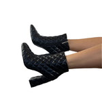 Quilted Square Toe Chunky Heel Leather Bootie