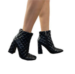 Quilted Square Toe Chunky Heel Leather Bootie