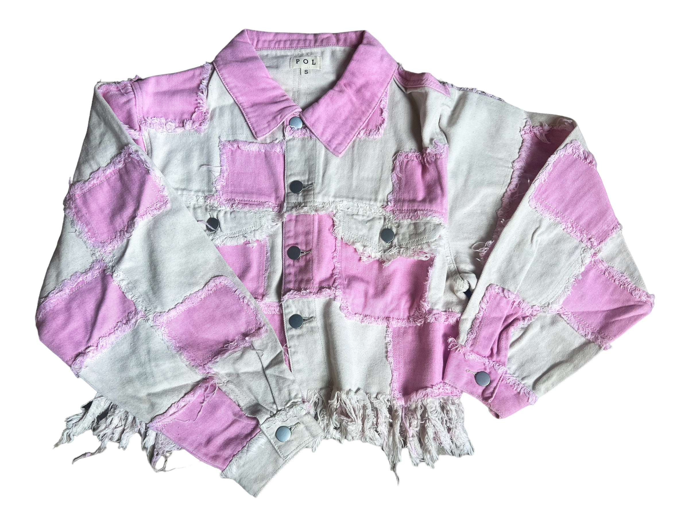 Distressed Denim Button Up Jacket - Pink and White Checker