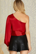 One Shoulder Satin Tie Top - Red