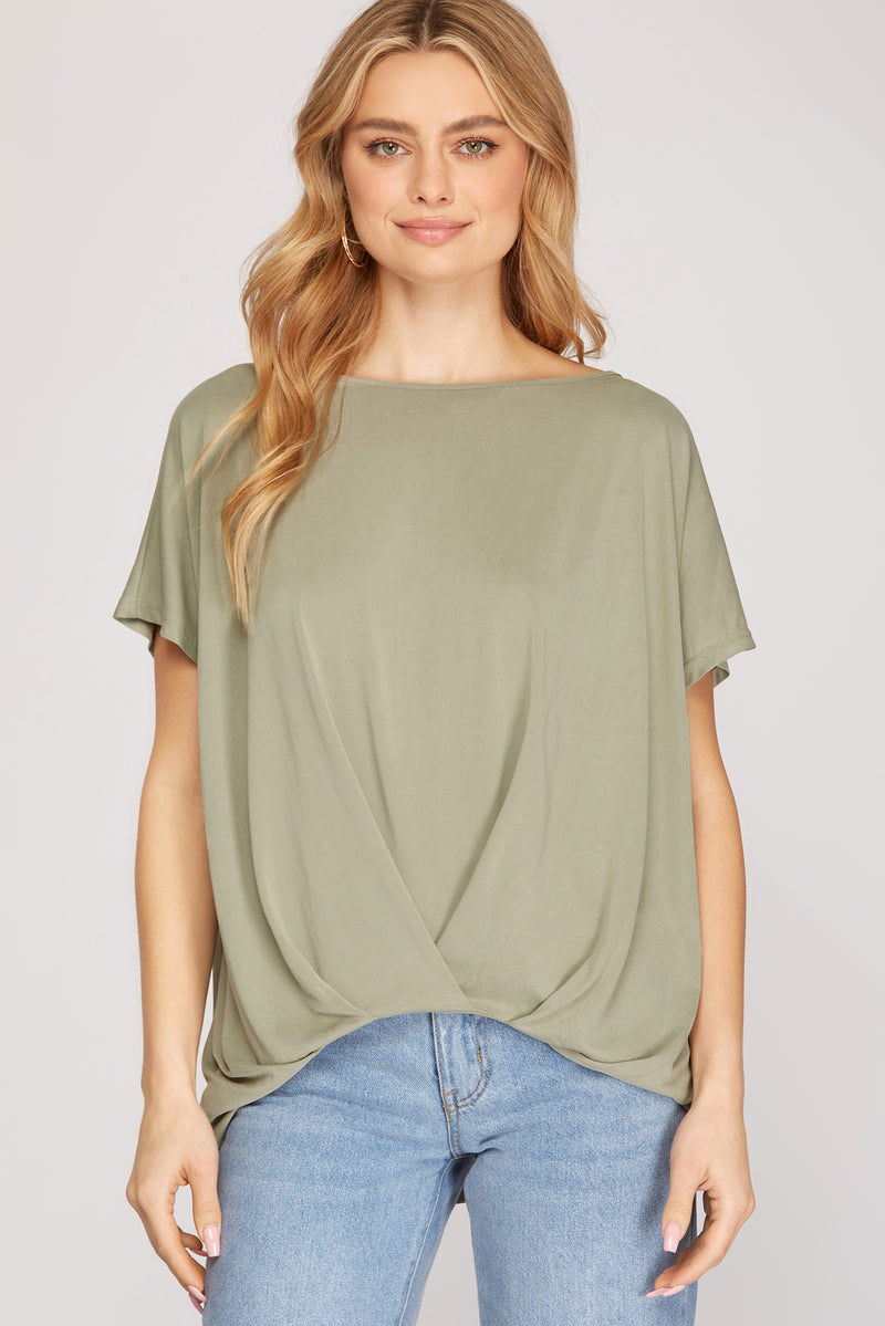 Short Sleeve Knit Pleated Top- Light Olive