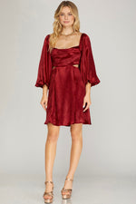 Satin Bubble Sleeve Cut Out Padded Dress - Crimson