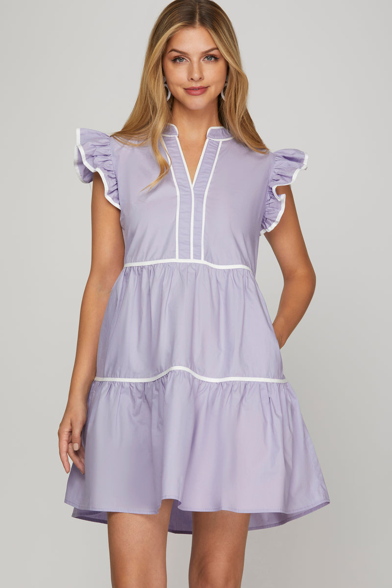 Ruffle Sleeve Woven Dress w/ Pockets-Lilac