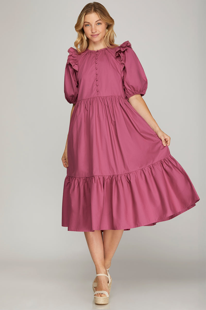 Ruffle Sleeve Tiered Midi Dress-Mauve Pink